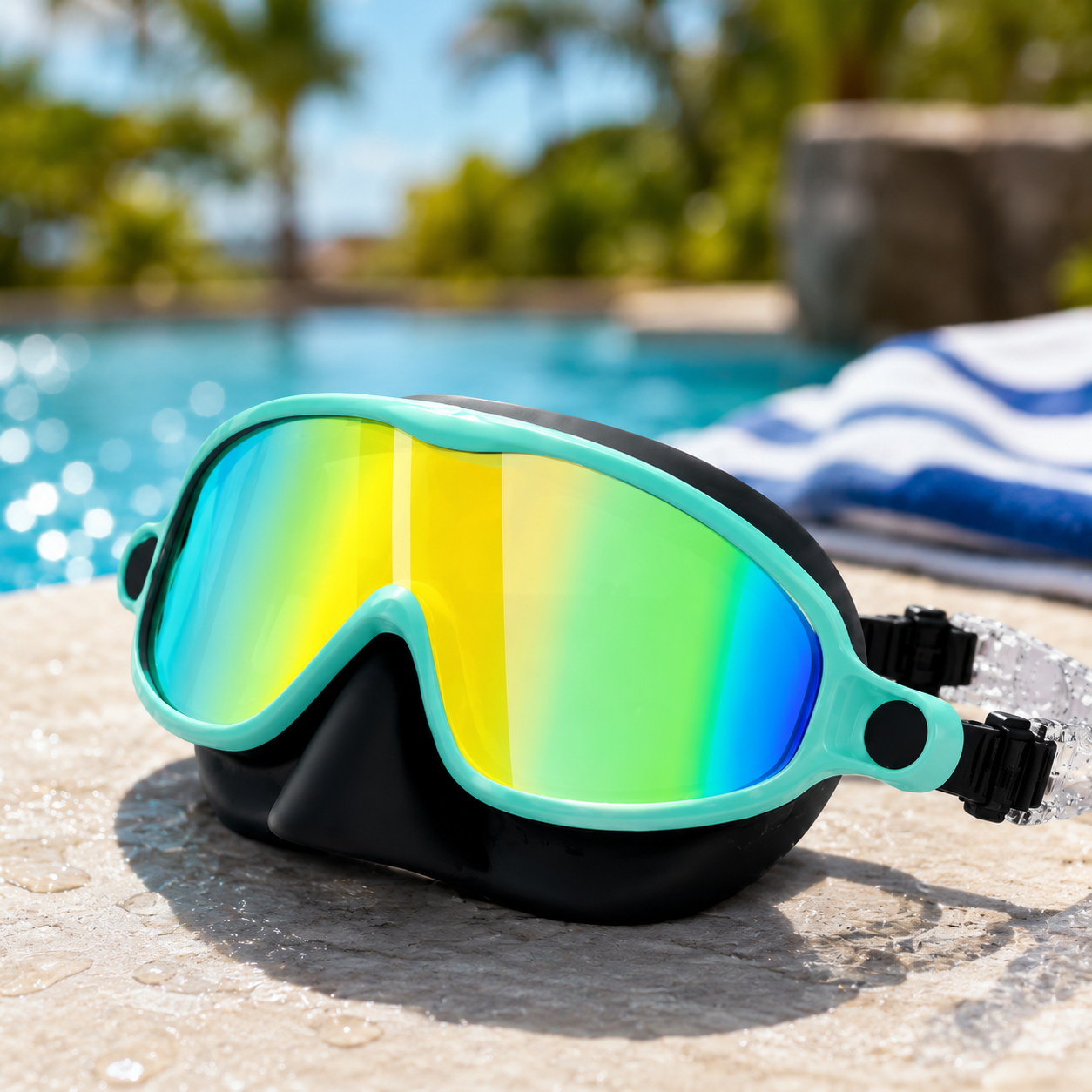 Aloha Kids Swim Goggles in green with rainbow mirror lens beside a pool