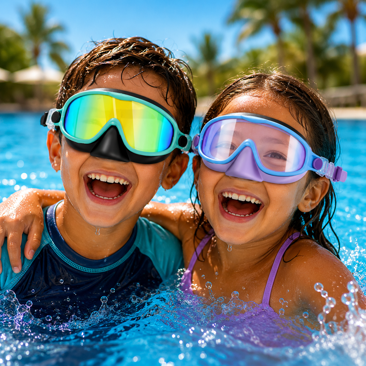Two happy kids laughing in a pool wearing Aloha swim goggles