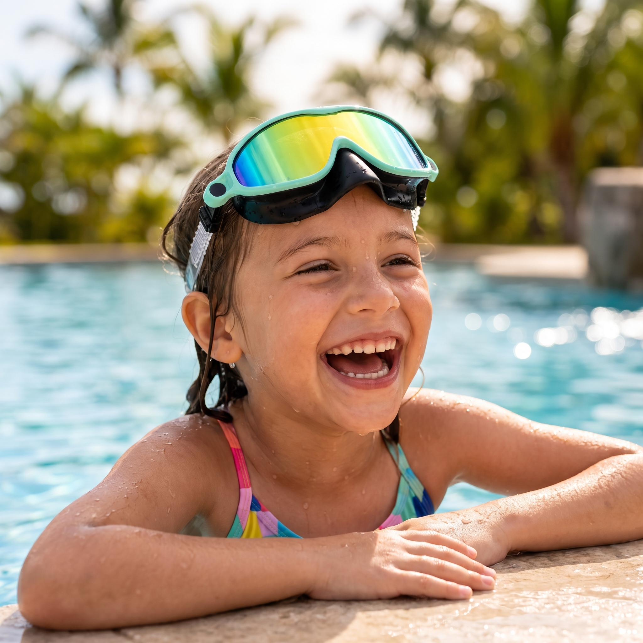 Smiling child at the pool wearing Aloha green kids swim goggles