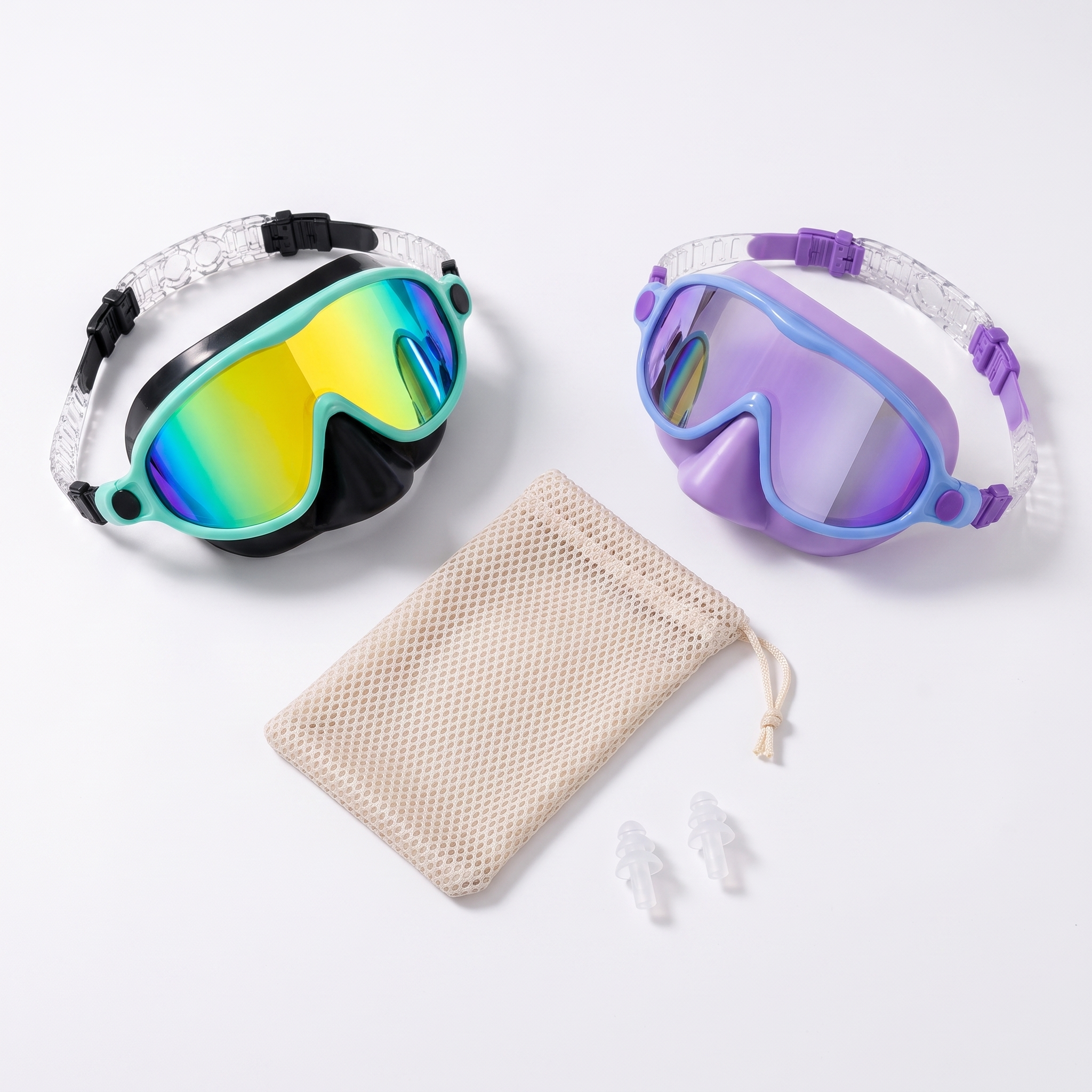 What's included: green and purple Aloha kids swim goggles, mesh carry pouch and earplugs