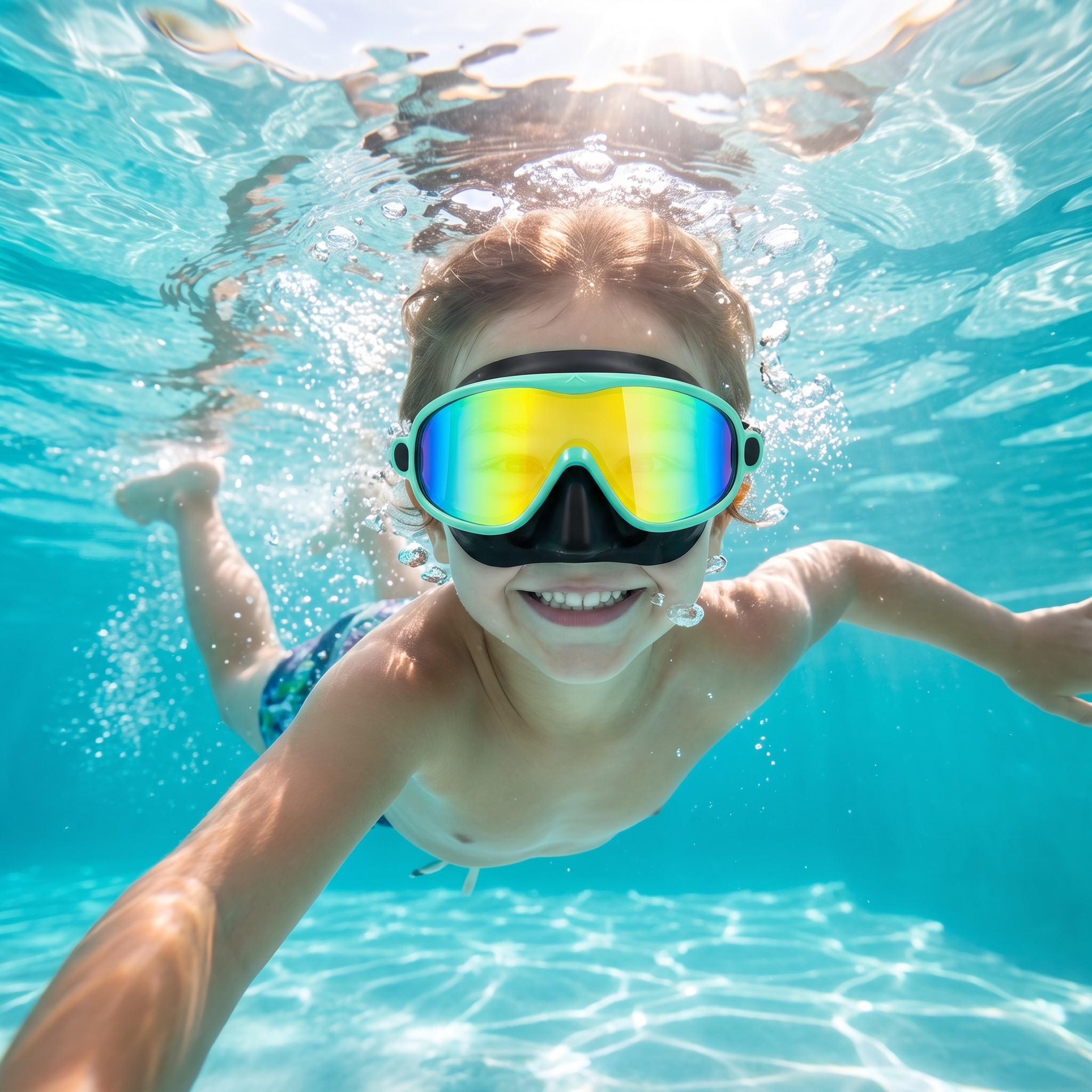 Child swimming underwater wearing Aloha green kids swim goggles