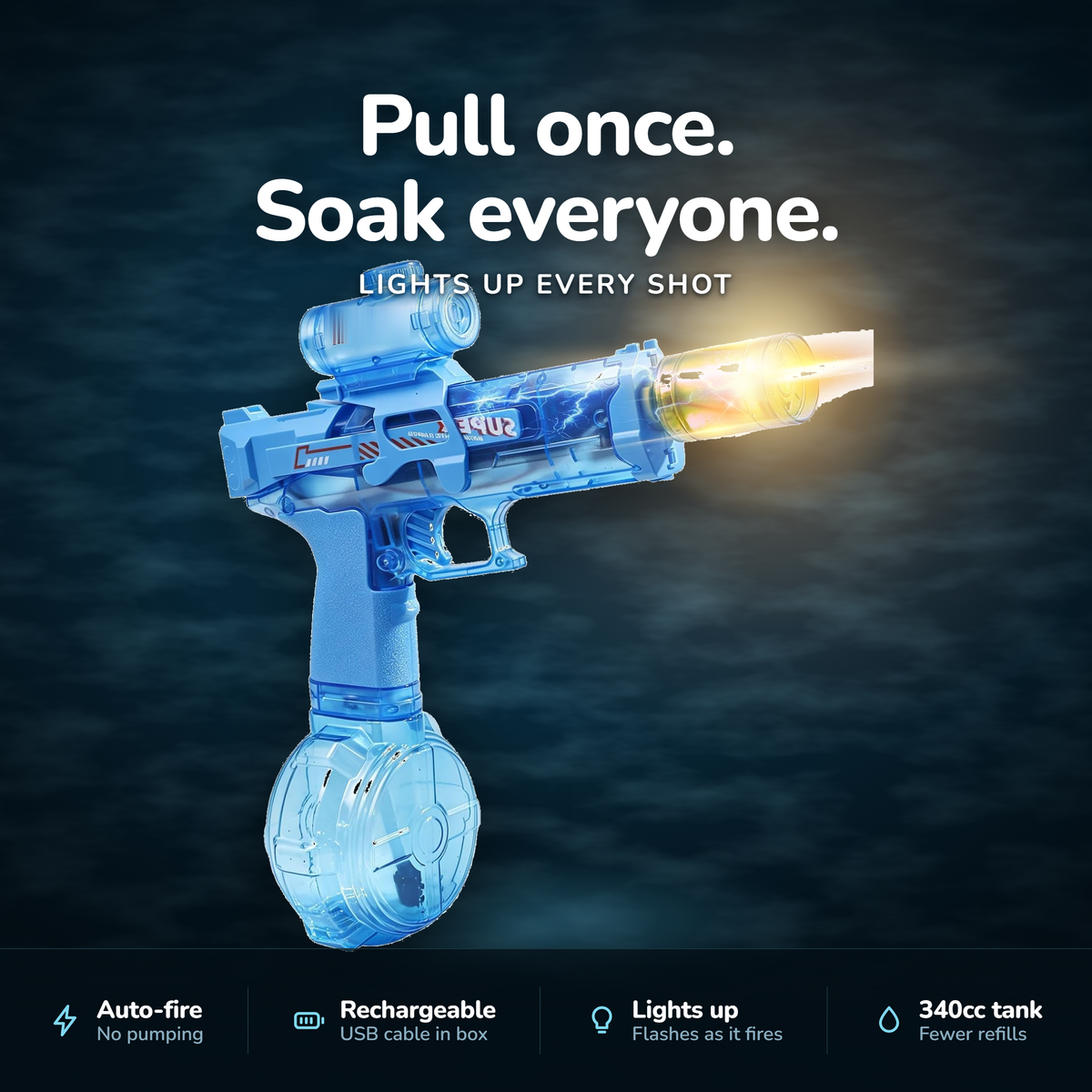 Aloha Electric Water Blaster firing at night, muzzle lit