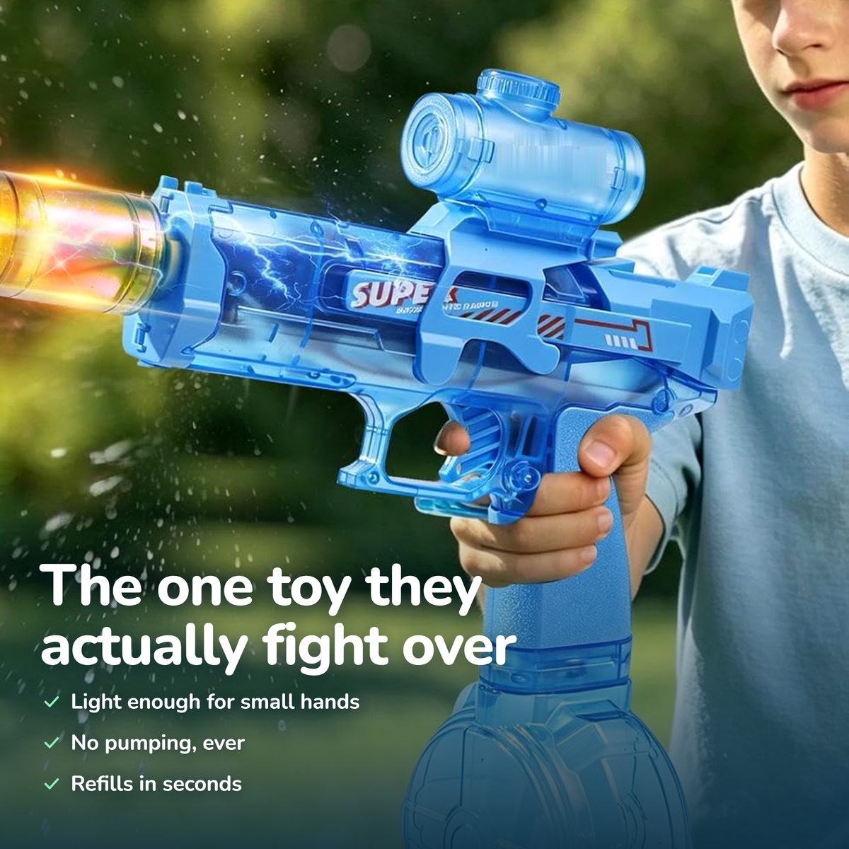 Child firing the water blaster in a sunny backyard
