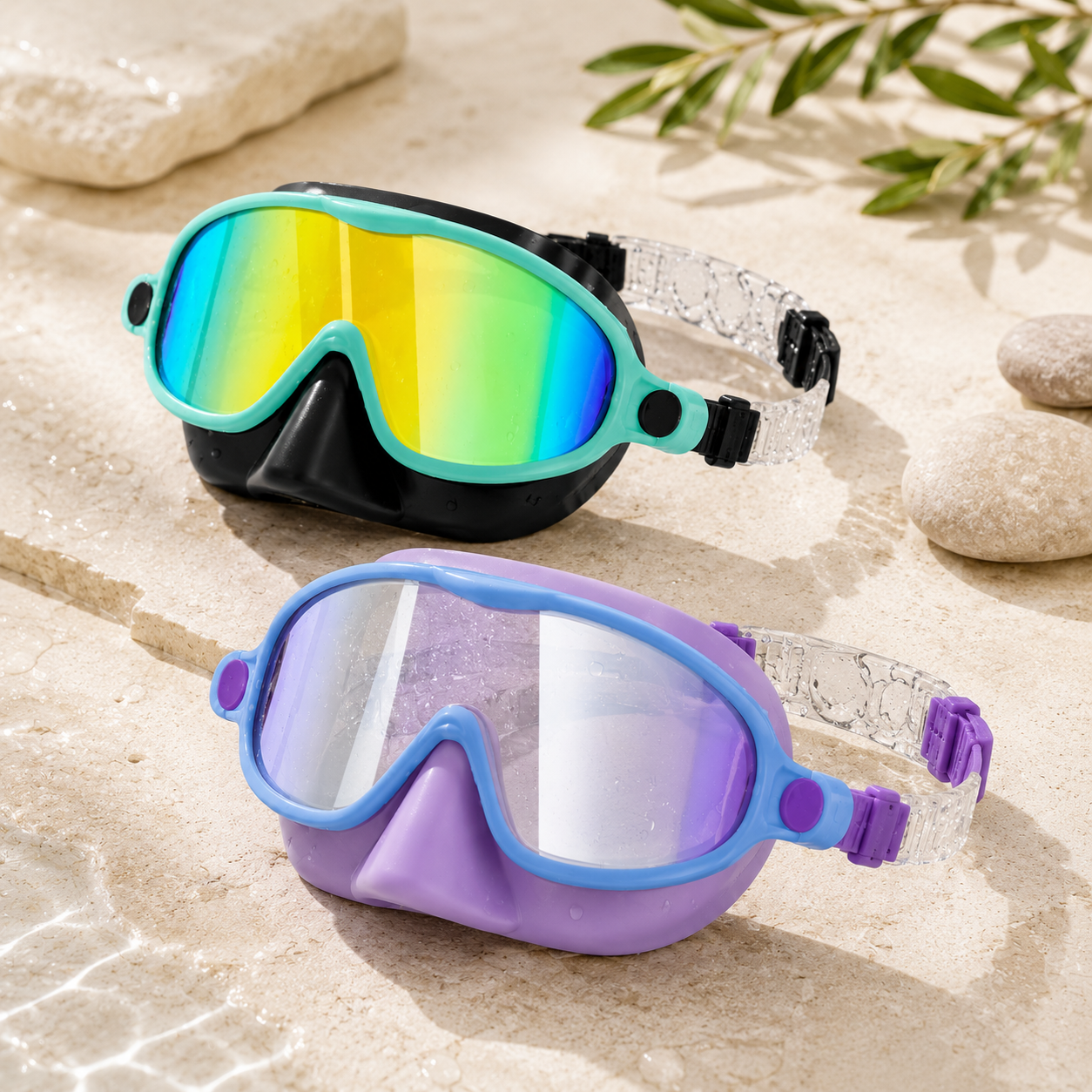 Aloha Kids Swim Goggles in green and purple resting by the water