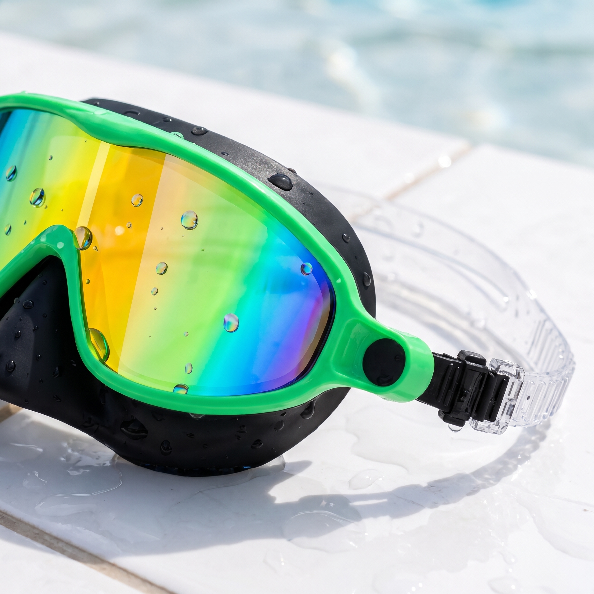 Close-up of Aloha kids swim goggles: green frame, rainbow anti-fog mirror lens and adjustable strap