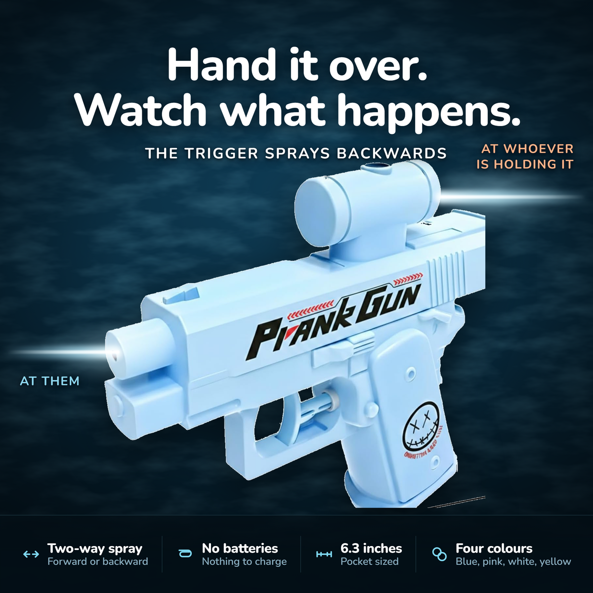 Aloha Two-Way Prank Water Gun spraying forward and backward at once